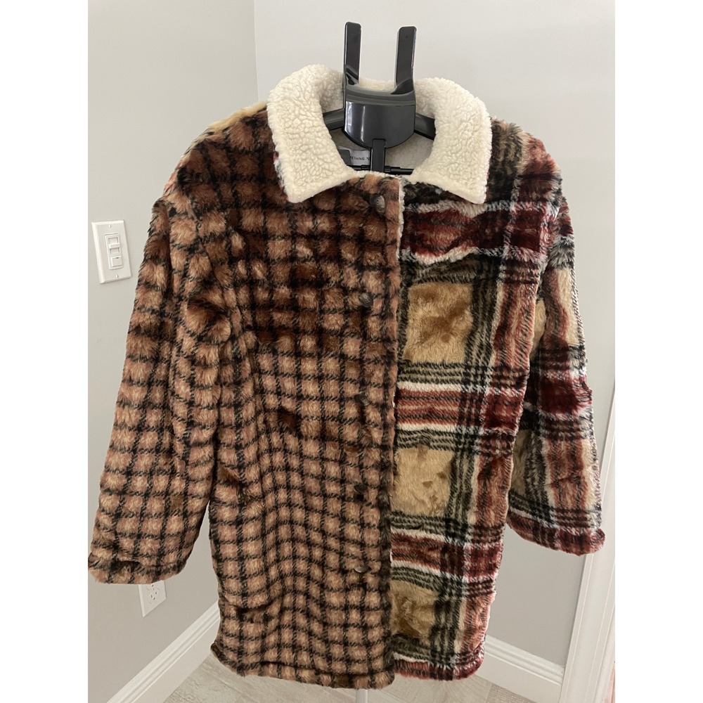 Something Navy Faux Fur Contrast Plaid Coat Brown Camel Small MSRP $375